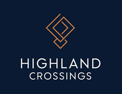 A logo with the text "Highland Crossings" in front of a dark blue background.